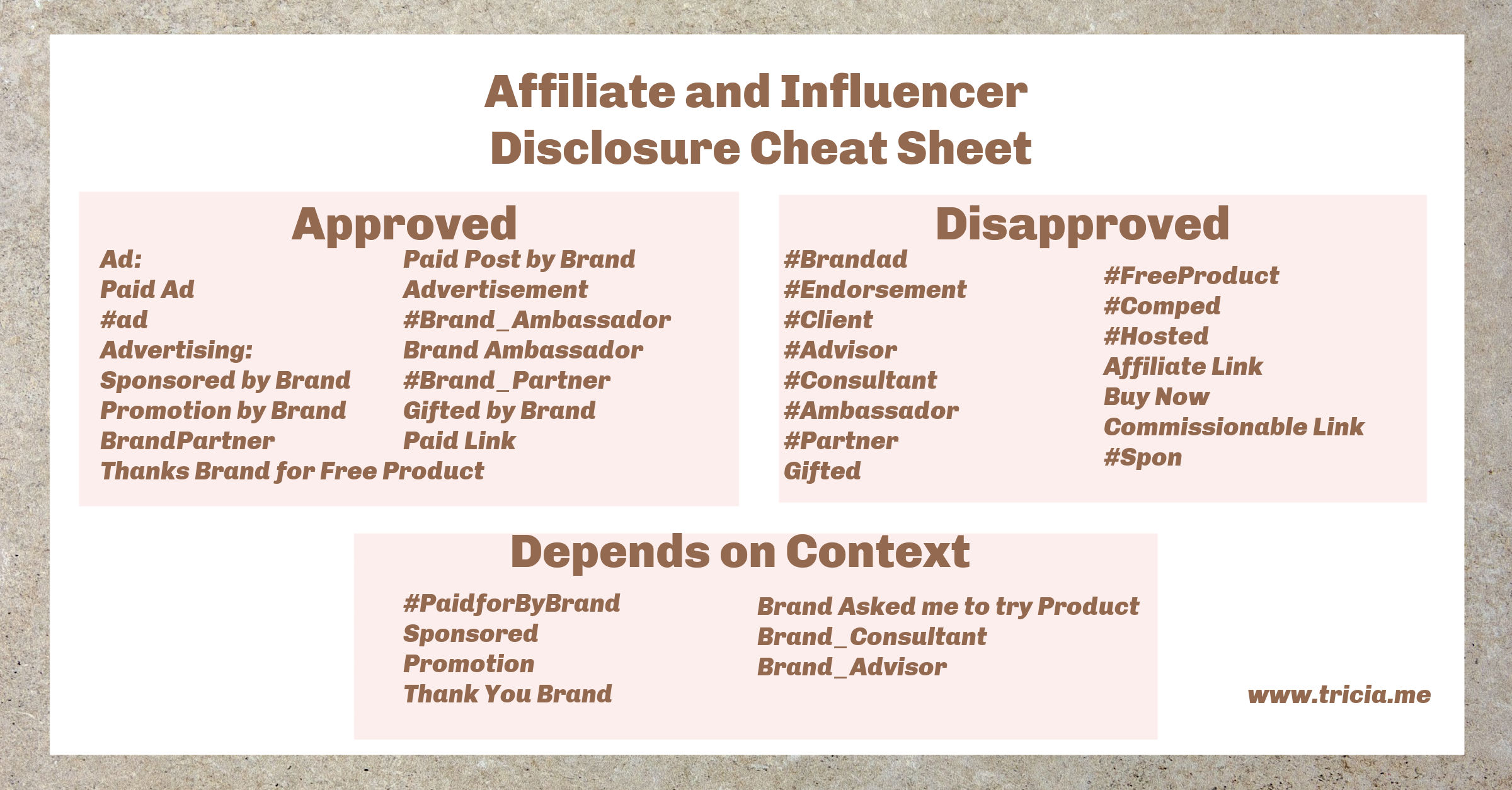 Affiliate and Influencer Disclosure Cheat Sheet - Tricia Meyer